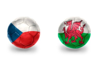 Ulusal Galler, Çek Cumhuriyeti ve futbol takımlarının bayraklarıyla gerçekçi futbol topları. beyaz arkaplanda.