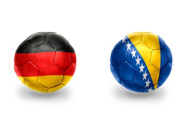 Almanya, Bosna ve Herzegovina ulusal bayraklı gerçekçi futbol topları, futbol takımları. beyaz arkaplanda.