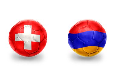 Ermenistan ve İsviçre ulusal bayraklı gerçekçi futbol topları, futbol takımları. beyaz arkaplanda.
