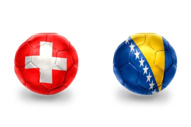 Bosna, Herzegovina ve İsviçre futbol takımlarının ulusal bayraklı gerçekçi futbol topları. beyaz arkaplanda.
