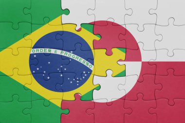 Yeşil arazi ve Brezilya bayrağının renkli ulusal bayrağıyla bulmaca. konsept
