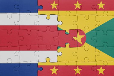 Grenada 'nın renkli ulusal bayrağı ve Costa Rica bayrağı ile bulmaca. konsept
