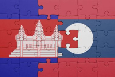 Kamboçya 'nın renkli ulusal bayrağı ve laos bayrağıyla bulmaca. konsept