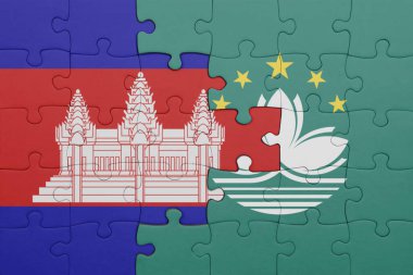 Kamboçya 'nın renkli ulusal bayrağı ve Macau bayrağı. konsept