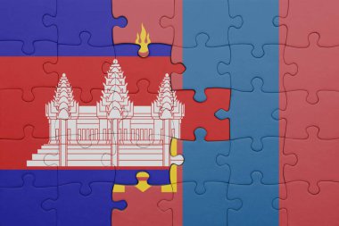 Kamboçya 'nın renkli ulusal bayrağı ve Moğolistan bayrağı. konsept