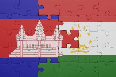 Kamboçya 'nın renkli ulusal bayrağı ve Tacikistan bayrağı. konsept