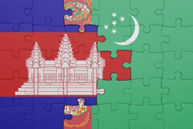 Kamboçya 'nın renkli ulusal bayrağı ve Türkmenistan bayrağının bulmacası. konsept