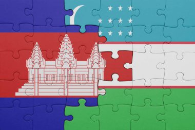 Kamboçya 'nın renkli ulusal bayrağı ve Özbekistan bayrağının bulmacası. konsept