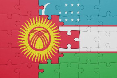 Kırgızistan 'ın renkli ulusal bayrağı ve Özbekistan bayrağıyla bulmaca. konsept
