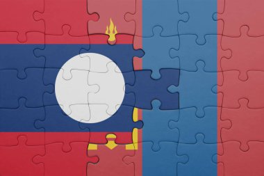Laos 'un renkli ulusal bayrağı ve Moğolistan bayrağı bulmacası. konsept