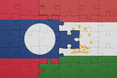 Laos 'un renkli ulusal bayrağı ve Tacikistan bayrağı. konsept