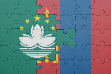 Macau 'nun renkli ulusal bayrağı ve Moğolistan bayrağı ile bulmaca. konsept