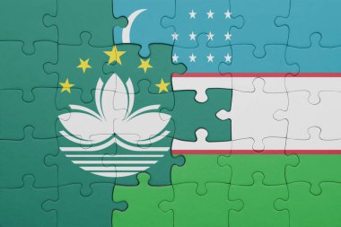Macau 'nun renkli ulusal bayrağı ve Özbekistan bayrağı ile bulmaca. konsept
