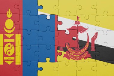 Moğolistan 'ın renkli ulusal bayrağı ve brunei bayrağı. konsept