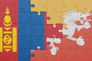 Moğolistan 'ın renkli ulusal bayrağı ve bhutan bayrağı ile bulmaca. konsept