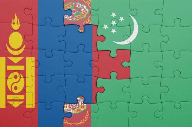 Moğolistan 'ın renkli ulusal bayrağı ve Türkmenistan bayrağı ile ilgili bulmacalar. konsept