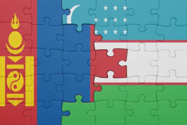 Moğolistan ve Özbekistan bayrağının renkli ulusal bayrağıyla bulmaca. konsept