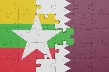 Myanmar 'ın renkli ulusal bayrağı ve Katar bayrağı ile bulmaca. konsept