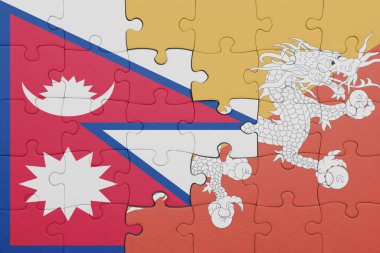 Nepal bayrağı ve bhutan bayrağı ile dolu renkli bir yapboz. konsept
