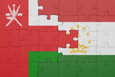 Umman 'ın renkli ulusal bayrağı ve Tacikistan bayrağı. konsept