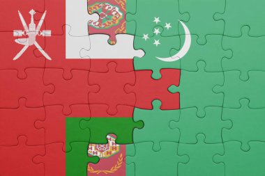 Umman 'ın renkli ulusal bayrağı ve Türkmenistan bayrağı ile bulmaca. konsept