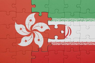 İran bayrağı ve Hong Kong bayrağının rengarenk yapbozu. konsept