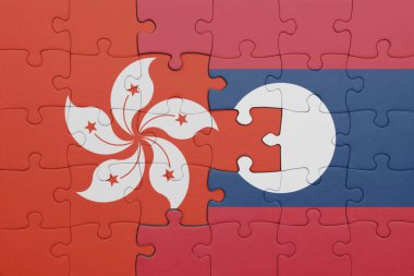 Laos 'un renkli ulusal bayrağı ve Hong Kong bayrağı ile bulmaca. konsept