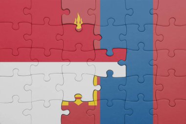 Moğolistan 'ın renkli ulusal bayrağı ve Endonezya bayrağı bulmacası. konsept