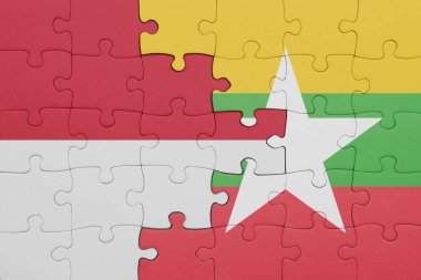 Myanmar 'ın renkli ulusal bayrağı ve Endonezya bayrağı. konsept