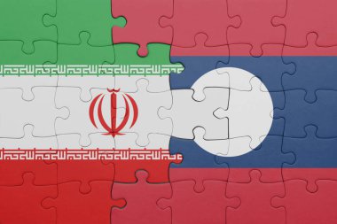Laos 'un renkli ulusal bayrağı ve İran bayrağı ile bulmaca. konsept
