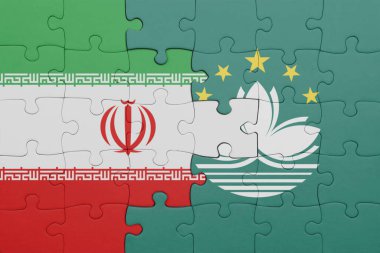 Macau 'nun renkli ulusal bayrağı ve İran bayrağı ile bulmaca. konsept