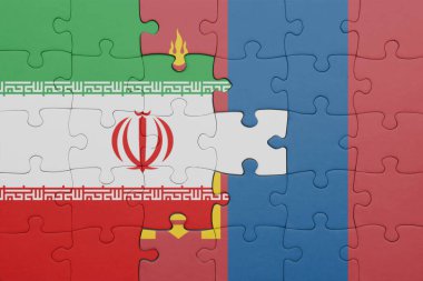 Moğolistan 'ın renkli ulusal bayrağı ve İran bayrağının bulmacası. konsept