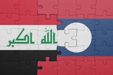 Laos 'un renkli ulusal bayrağı ve Irak bayrağı ile bulmaca. konsept