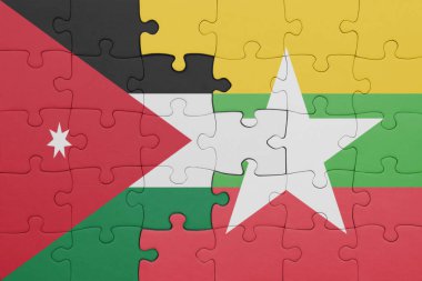 Myanmar 'ın renkli ulusal bayrağı ve Ürdün bayrağı. konsept