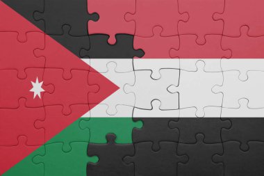 Yemen 'in renkli ulusal bayrağı ve Ürdün bayrağı ile bulmaca. konsept