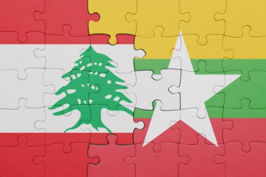 Lübnan bayrağı ve miyanmar bayrağıyla dolu renkli bir bulmaca. konsept