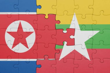 Myanmar 'ın renkli ulusal bayrağı ve Kuzey Kore bayrağıyla ilgili bulmacalar. konsept