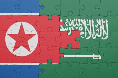 Suudi Arabistan 'ın renkli ulusal bayrağı ve Kuzey Kore bayrağının bulmacası. konsept