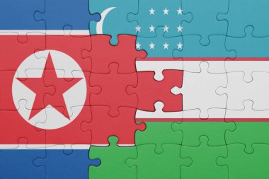 Özbekistan 'ın renkli ulusal bayrağı ve Kuzey Kore bayrağının bulmacası. konsept