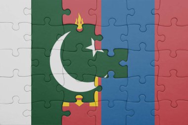 Moğolistan 'ın renkli ulusal bayrağı ve Pakistan bayrağı bulmacası. konsept