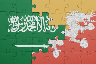 Bhutan 'ın renkli ulusal bayrağı ve Suudi Arabistan bayrağı. konsept