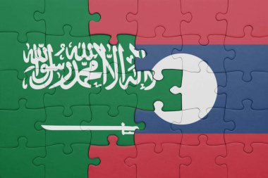 Laos 'un renkli ulusal bayrağı ve Suudi Arabistan bayrağı. konsept
