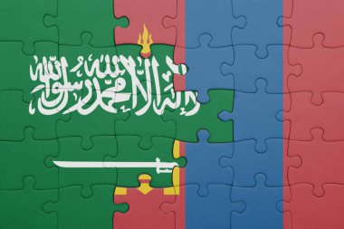Moğolistan 'ın renkli ulusal bayrağı ve Suudi Arabistan bayrağı. konsept