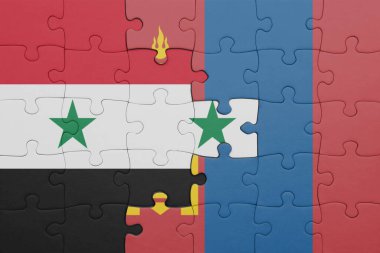 Moğolistan 'ın renkli ulusal bayrağı ve Suriye bayrağıyla ilgili bulmacalar. konsept