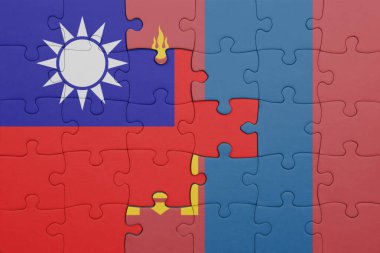 Moğolistan 'ın renkli ulusal bayrağı ve Tayvan bayrağıyla ilgili bulmacalar. konsept