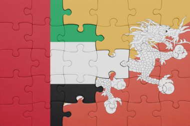 Bhutan 'ın renkli ulusal bayrağı ve Birleşik Arap Emirliklerinin bayrağı. konsept