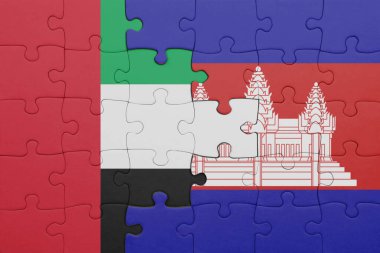 Kamboçya 'nın renkli ulusal bayrağı ve Birleşik Arap Emirliklerinin bayrağı. konsept