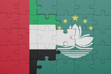 Macau 'nun renkli ulusal bayrağı ve Birleşik Arap Emirliklerinin bayrağı. konsept