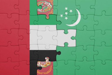 Türkmenistan 'ın renkli ulusal bayrağı ve Birleşik Arap Emirliklerinin bayrağı. konsept