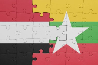 Myanmar bayrağı ve Yemen 'in renkli ulusal bayrağıyla bulmaca. konsept